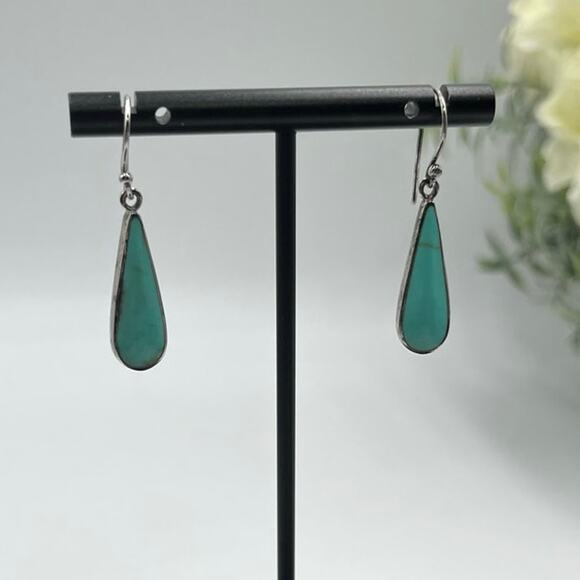 ATI Signed Vintage Sterling Silver Inlay Turquoise Teardrop Dangle Earrings - Picture 1 of 8